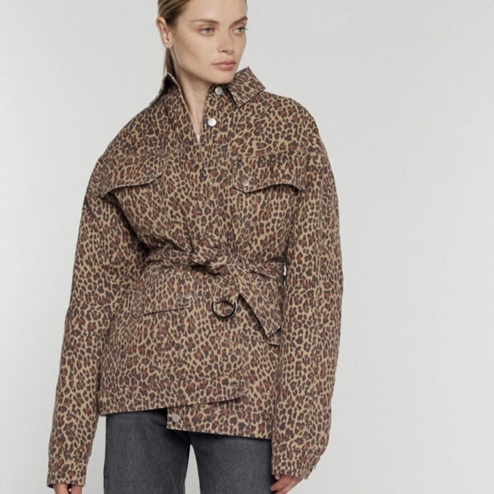 Marissa Webb Ellery Leopard Print Cotton Denim Anorak Jacket Tan Brown Casual